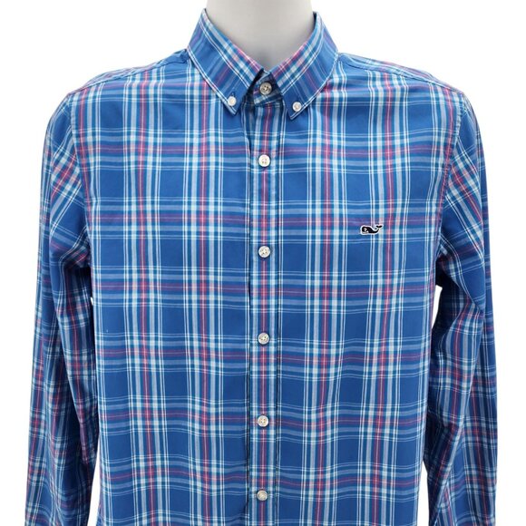 Vineyard Vines Mens Medium Whale Shirt Slim Fit Blue Pink Plaid Logo Button - Picture 2 of 9